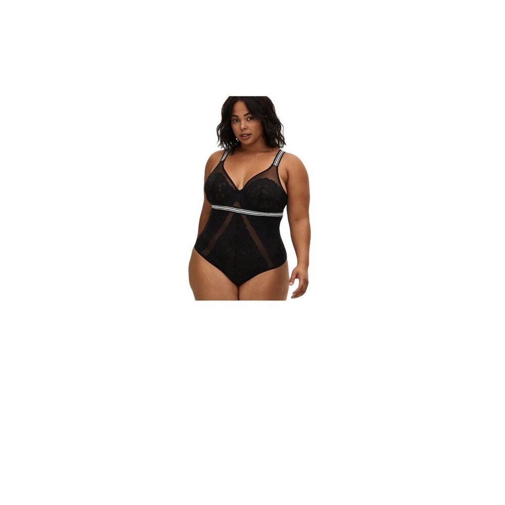 NEW Torrid Black Lace Mesh Bodysuit X1 V-Neck Striped Nylon/Spandex Lingerie - Picture 2 of 10